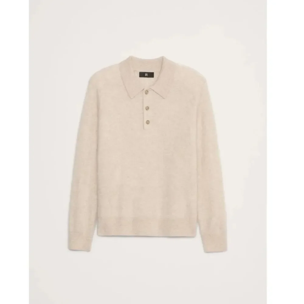 Banana Republic 100% Brushed Cashmere Oatmeal Cream Long Sleeve Polo Sweater